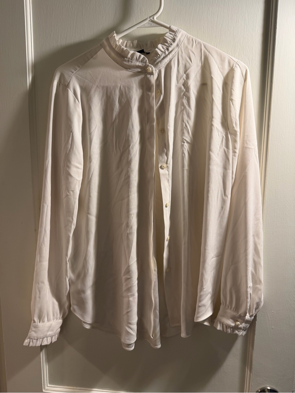 Ann Taylor Cream Ruffle-Neck Button Front Shirt